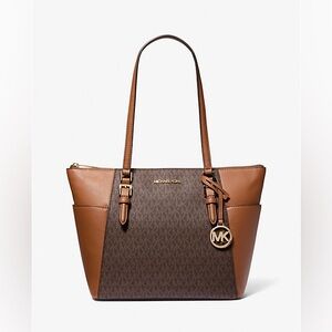 Michael Kors Charlotte Large Logo and Leather Top-Zip Tote Bag in Brown